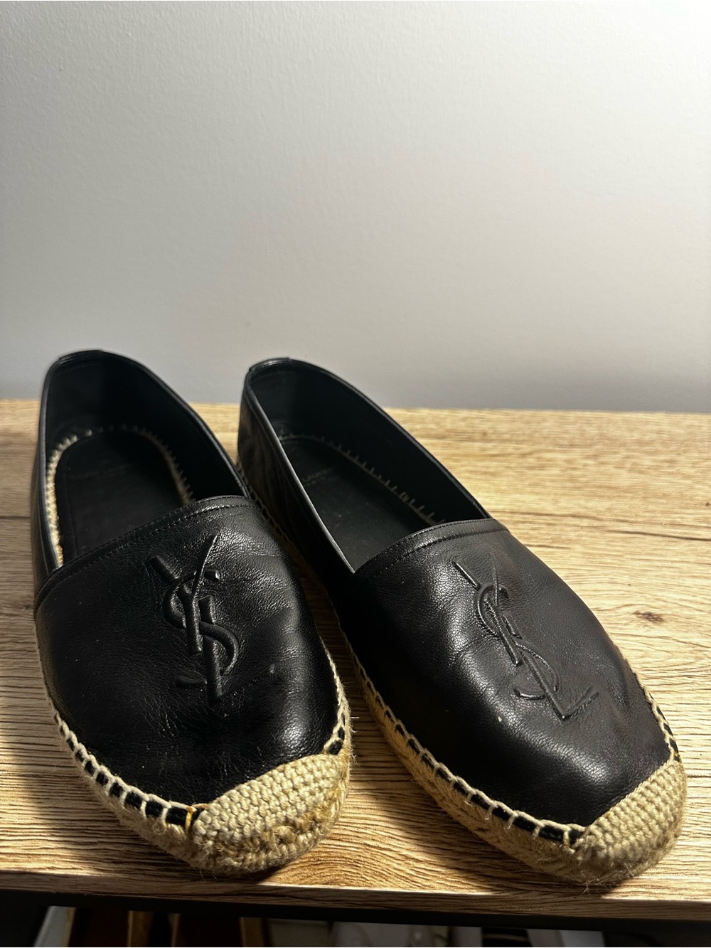 Yves Saint Laurent Black Leather Espadrilles with Jute Toe